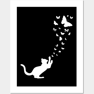 Cute Cat Catching Flying Butterflies Posters and Art